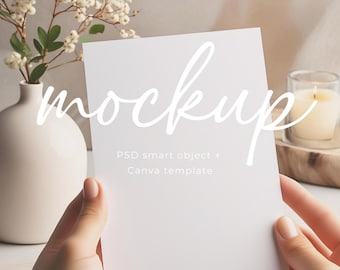 Female hands holding white 5x7 paper card mockup birthday invitation mock up psd smart object & Canva minimalist neutral card mock-up