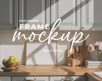 Maqueta de marco de cocina horizontal PSD, maqueta de póster de cocina, maqueta de impresión horizontal de objeto inteligente, descarga digital de escena interior de cocina