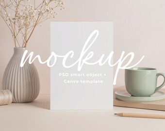 5x7 Front View Greeting Card Mockup Sage Vase Cup Stationery Template Minimal Lifestyle PSD Canva