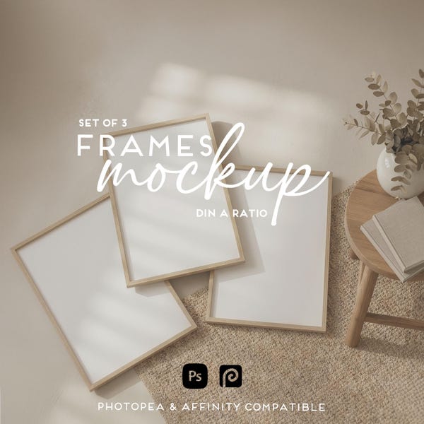 3er-Set A4-Rahmen, Mockup aus Holz, minimalistisches Boho-Innendisplay, Wandkunst-Mockup, Dreifach-Galeriewand