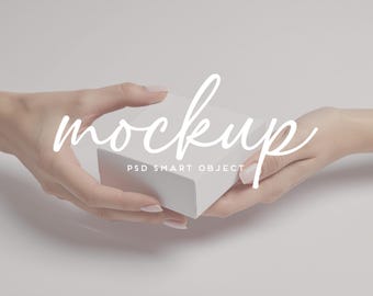 Minimalist Square Gift Box Mockup Jewellery Box Mockup Party Packaging White Wedding Favours Held in Hands Packaging Display Party Candy Box