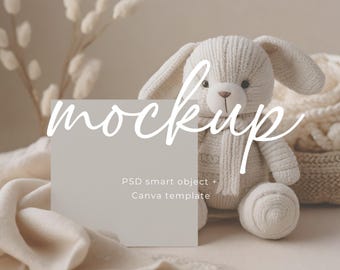 Square Children's Card Mockup Bunny Template for Baby Shower Birthday PSD Canva Perfect for Kids Invitations Greeting Cards