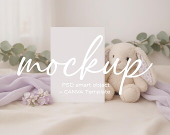 Lilac Purple Bunny Baby Shower Invitation Mockup 5x7 | Lilac Rabbit 1st Birthday Card Mockup | Purple Rabbit Nursery | Easter Spring Invite