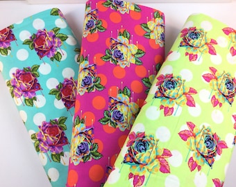 Painted Roses Wonder (Hot Pink)/ Sugar (Lime Green)/Daydream(Blue) Fabrics ~ Curiouser and Curiouser Collection by Tula Pink for Free Spirit