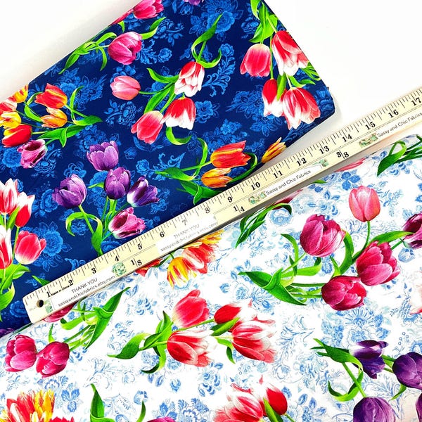 Tulip Bouquet 2 Colors: Sky or Royal Background, 100% Cotton Fabric ~ Spring in Delft Collection from Michael Miller Fabrics