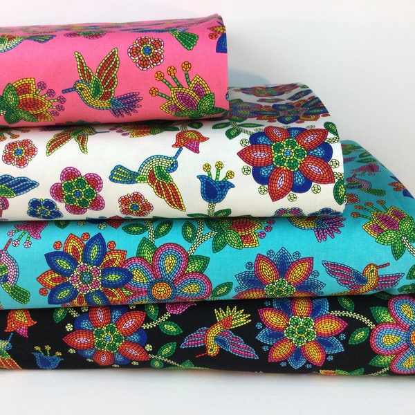 Beaded Hummingbird Cream/ Coral/ Black/ Turquoise Fabrics ~Tucson Collection from Elizabeth's Studio, 100% Quilting Cotton