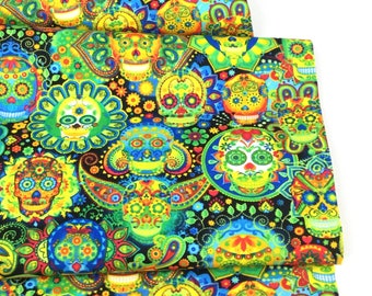 Bright Sugar Skulls Multi Color, 100% Quilting Cotton ~ from Timeless Treasures Fabrics, Halloween, Day of the Dead Fabric