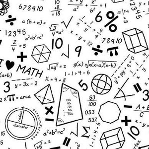 May include: A white background is covered with black mathematical symbols, equations, and numbers. Geometric shapes, fractions, and the word "MATH" are also present. The design is a repeating pattern.
