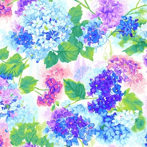 May include: Watercolor floral pattern featuring clusters of blue, purple, and pink hydrangea blooms with green leaves. The flowers are set against a white background with soft, pastel-colored accents, creating a vibrant and artistic design.