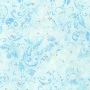 May include: Light blue fabric with a repeating pattern of stylized holly leaves, berries, and swirling designs. The design includes silver glitter accents, creating a festive, wintery aesthetic. The fabric has a watercolor-like effect.