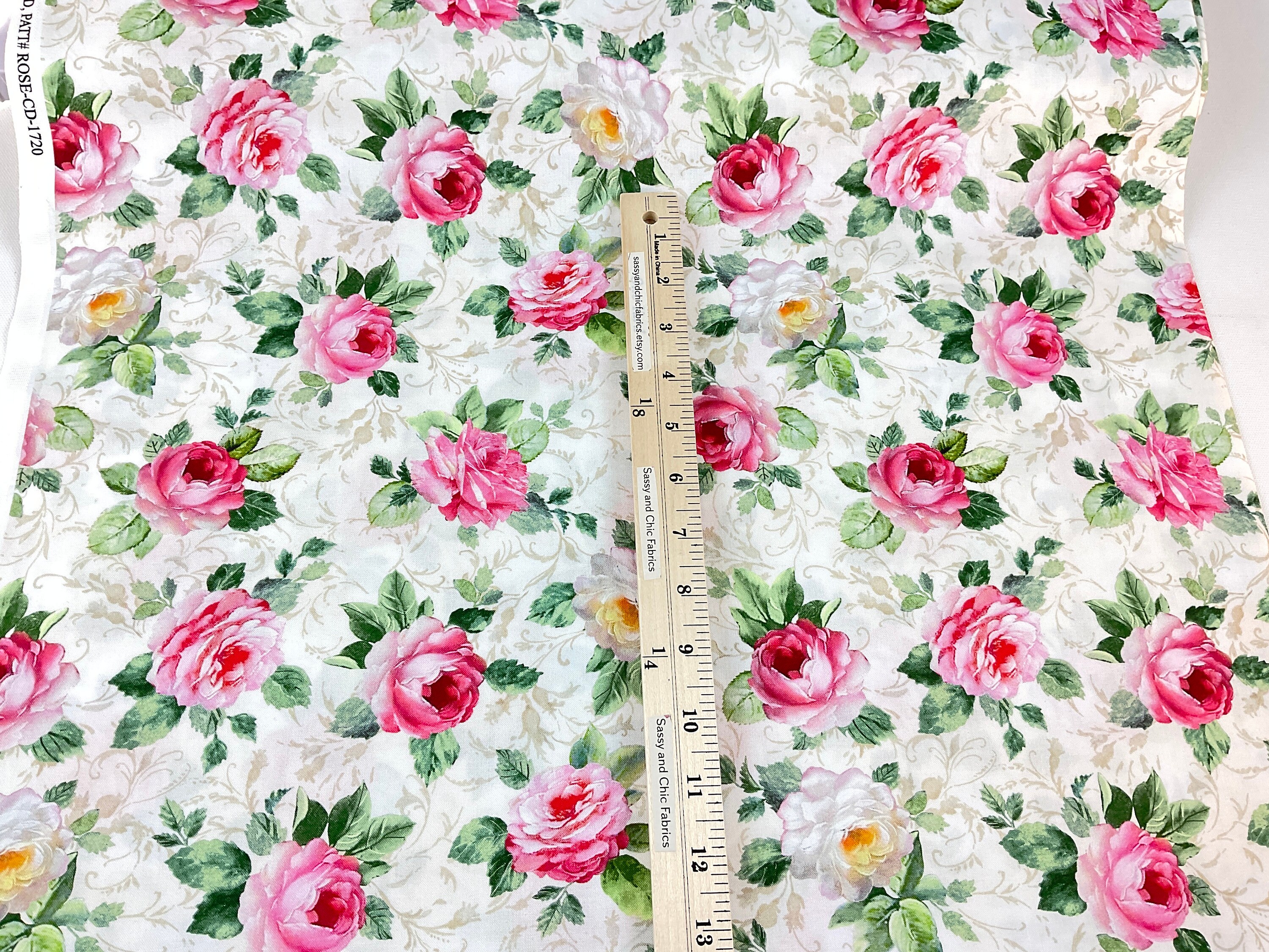 Single Roses on Cream Background 100% Digital Print Cotton Fabric ...