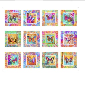 May include: A collection of twelve square art prints featuring colorful butterfly designs. Each print showcases a unique butterfly with vibrant wings, set against a patterned background of pink, orange, green, and blue hues, framed in white.