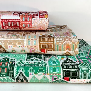 Gingerbread Houses Cherry Red or Mint Background, 100% Cotton Fabric ~Tinsel Town Collection from Wishwell, Robert Kaufman Fabrics