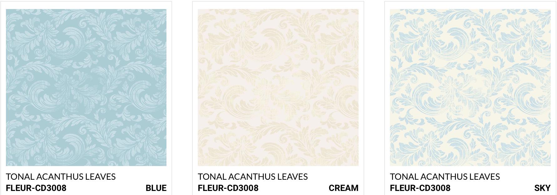 Tonal Acanthus Leaves 3 Colors: Sky/blue/cream Fabric, 100% Digital ...