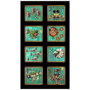 May include: A fabric panel featuring eight square illustrations of steampunk-style sea creatures. The creatures include seahorses, a crab, fish, a nautilus, and an octopus, all with mechanical details and set against a teal background.