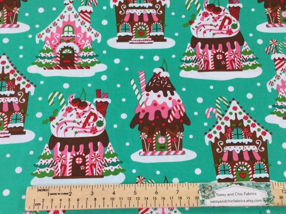 Gingerbread Houses Aqua Color Michael Miller Fabrics Quilting Cotton