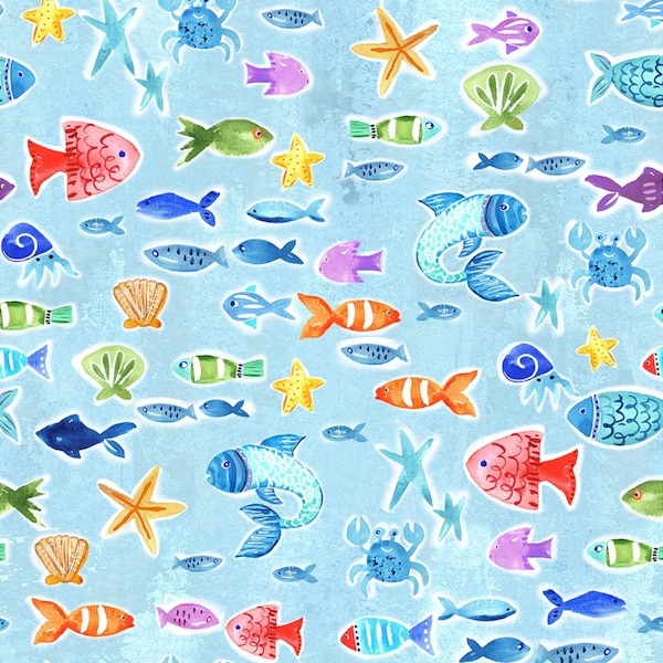 Fish Blue Fabric ~ Let the Sea Set You Free Collection by Jenny Faw from Sykel Enterprises, 100% Quilting Cotton