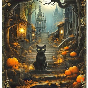 May include: A fabric panel featuring a black cat sitting on stone steps surrounded by orange pumpkins and autumn leaves. The scene includes a dark forest archway, glowing lanterns, and a distant castle under a moonlit sky. Text reads: Design runs full width of fabric.