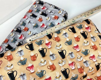 Steaming Hot Coffee 2 Colors: Tan or Gray Background, 100% Cotton Fabric ~ Perfect Blend by Mar Auslander, QT Fabrics