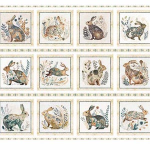 36” Rabbit Picture Patches Cream Panel, 100% Quilting Cotton ~ Cotton Tails Collection from QT Fabric