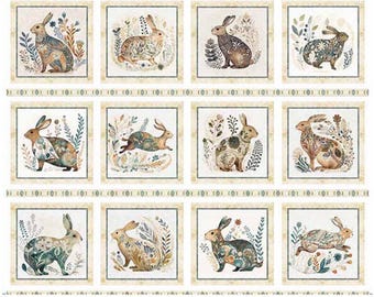 36” Rabbit Picture Patches Cream Panel, 100% Quilting Cotton ~ Cotton Tails Collection from QT Fabric