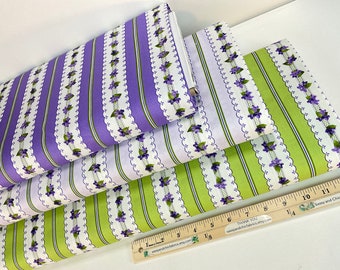 Elizabeth Stripe 3 Colors:  Natural, Green and Purple Cotton Fabric ~ Elizabeth Flowerhouse Collection by Debbie Beaves for Robert Kaufman