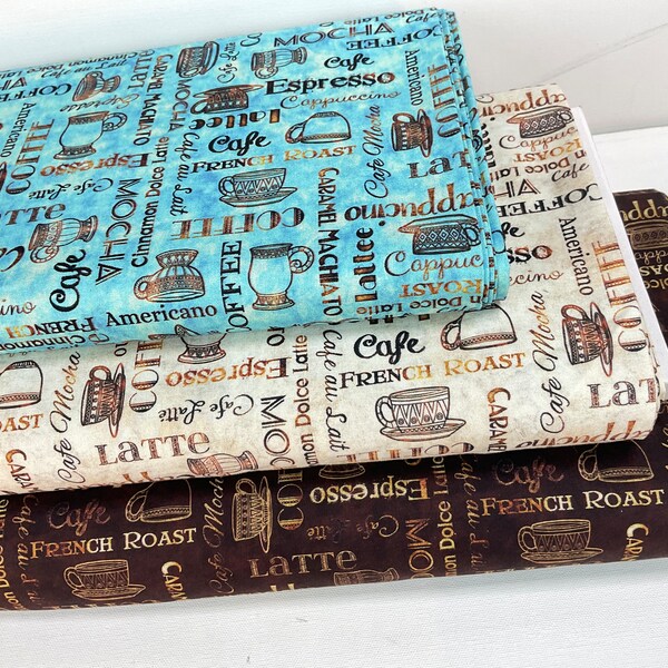 Coffee Text 3 Colors: Cream/Aqua/Brown Fabrics ~ Barista Collection by Dan Morris for QT Fabrics, 100% Quilting Cotton