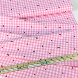 May include: Pink and white gingham fabric with scattered watermelon slice designs. A wooden ruler with inch measurements is placed on the fabric. The text "Sassy and Chic Fabrics" is visible on the ruler.