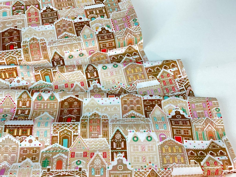 Gingerbread Houses 3 Colors: Cherry / Mint / Gingerbread Fabric Tinsel Town Collection from Wishwell, Robert Kaufman Fabrics, 100% Cotton Gingerbread