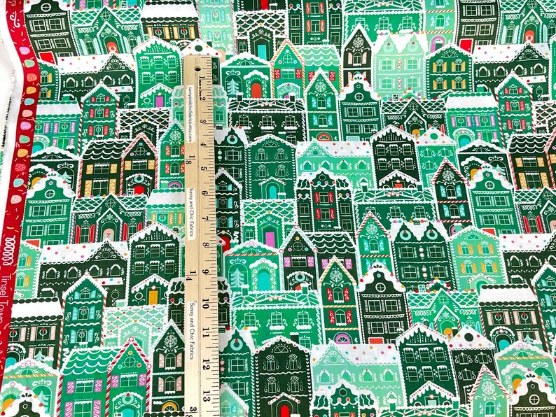 Gingerbread Houses 3 Colors: Cherry / Mint / Gingerbread Fabric Tinsel Town Collection from Wishwell, Robert Kaufman Fabrics, 100% Cotton Mint