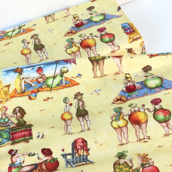 Fruit Ladies on the Beach Sand Fabric ~ Fruit Ladies Collection by Mary Stewart for Elizabeth's Studio, 100% Quilting Cotton