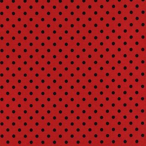 May include: A vibrant red fabric with a repeating pattern of evenly spaced black polka dots. The dots are circular and create a classic, playful design. The fabric has a textured appearance.