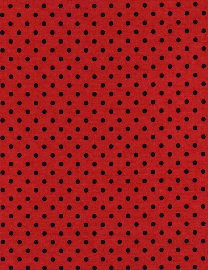 May include: A vibrant red fabric with a repeating pattern of evenly spaced black polka dots. The dots are circular and create a classic, playful design. The fabric has a textured appearance.