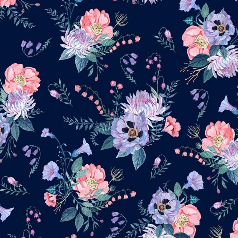 May include: A repeating pattern of watercolour floral arrangements. The design features bouquets of pink, purple, and white flowers with green foliage against a dark navy blue background. The flowers include peonies, chrysanthemums, and other blossoms.