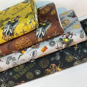 May include: A stack of fabric with a steampunk design. The fabric features repeating patterns of gears, clocks, and airships with elephant heads in shades of yellow, brown, gray, and black. The word "STEAMPUNK" is printed on the fabric.
