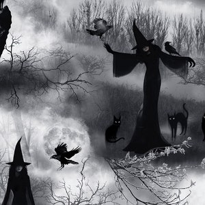 May include: A grayscale illustration featuring witches, ravens, and black cats in a misty forest setting. The witches wear long black dresses and pointed hats. A full moon and crescent moon are visible in the background, creating a spooky, Halloween theme.