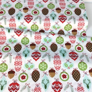 All the Trimmings Christmas Tree Ornaments Snow Fabric ~ Rustique Winter Collection for Michael Miller Fabrics, 100% Cotton Quilt Fabric