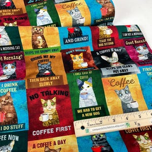 Coffee Cats on a Break Multi Color, 100% Cotton Fabric ~ Caffeinated Cats Collection from Gail Cadden for Timeless Treasures Fabrics