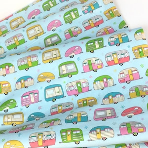 Campers Metallic Aqua Fabric ~ On the Road Collection by Aurelia Manouvrier for Robert Kaufman, 100% Quilting  Cotton