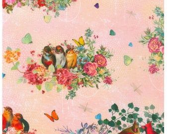 Lovebirds and Cardinals Peach or Sky Color, 100% Cotton Fabric ~ Enchanted Aviary by Duirwaigh Studios for Robert Kaufman Fabrics