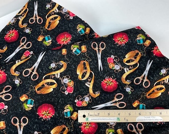 Sewing Tools Black Background, 100% Quilting Cotton Fabric ~  Sew Far Sew Good Collection from Donna Gelsinger for Timeless Treasures