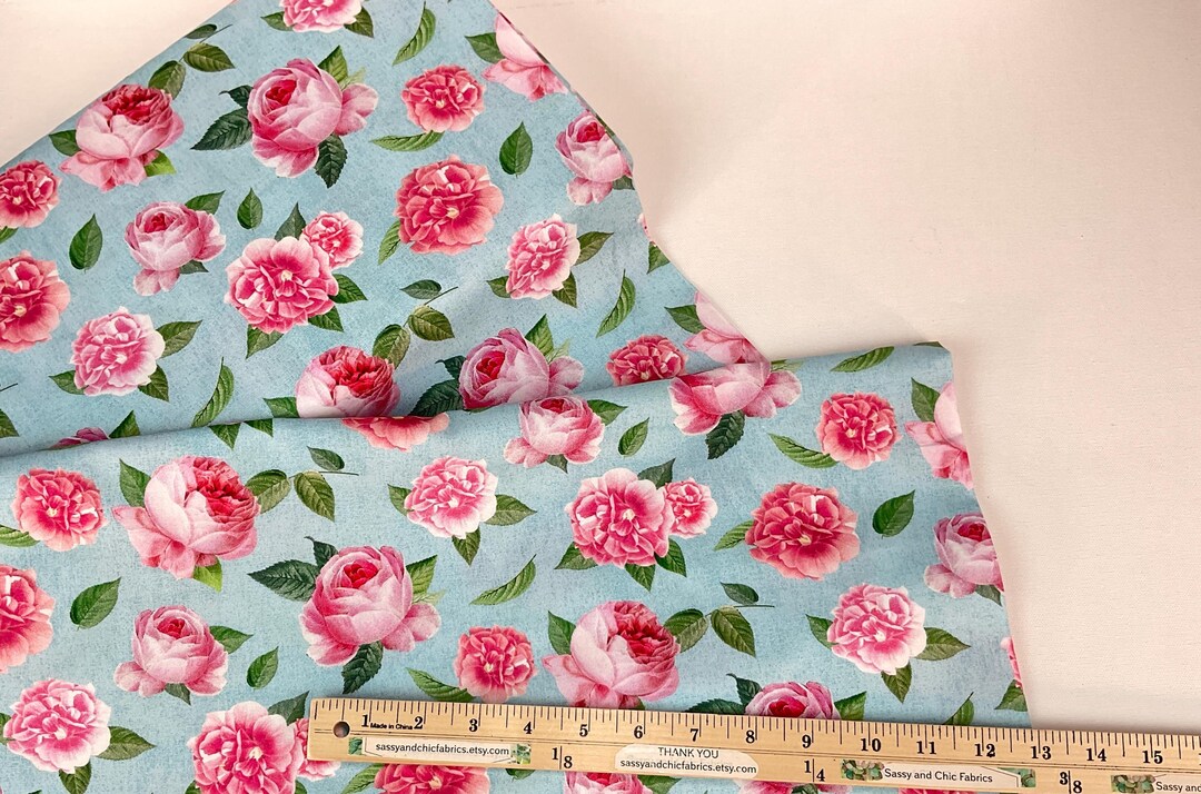 Tossed Paris Roses Blue 100% Digital Cotton Fabric ~ Belle Fleur ...