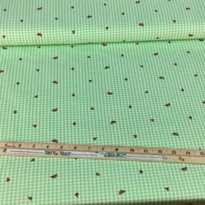 K&ouml;nnte beinhalten: Gr&uuml;n-wei&szlig;es Vichy-Stoff mit verstreuten Wassermelonen-Scheiben-Designs. Ein Holzlineal mit Zollma&szlig;en liegt auf dem Stoff. Der Stoff ist im Hintergrund aufgerollt.