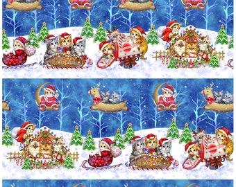 May include: A repeating pattern featuring Christmas-themed kittens. Kittens in Santa hats ride in sleighs, on crescent moons, and on reindeer. The background is a snowy forest with evergreen trees and a blue sky.