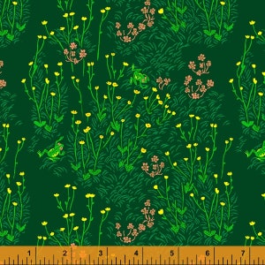 Tall Buttercups Dark Green Fabric ~ West Hill by Heather Ross for Windham Fabrics, 100% Quilting Cotton