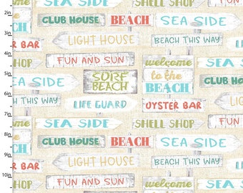 Signs Cream Fabric ~ Beach Travel Collection by Beth Albert from 3 Wishes Fabric, 100% Quilting Cotton Fabric