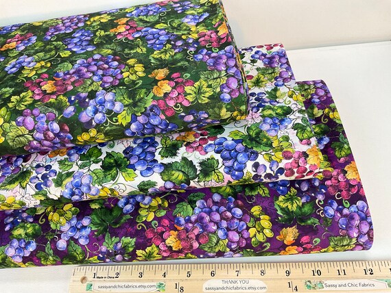 Plenty of Grapes 3 Colors: Green/Grape/Blanc 100% Cotton Fabric ~ Wine Club Collection by Elena Vladykina for Robert Kaufman