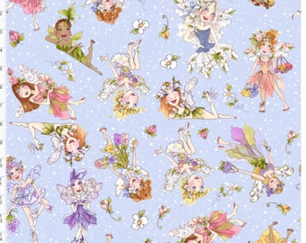 By the Yard ~Tossed Fairies Blue Fabric ~ Very Fairy Collection by Loralie Designs Fabric, 100% Quilting Cotton