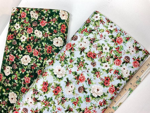 Christmas Snowflower 2 Colors: Holly or Winter Blue, 100% Quilting Cotton ~ Flurry Friends Collection from Robert Kaufman Christmas Fabric