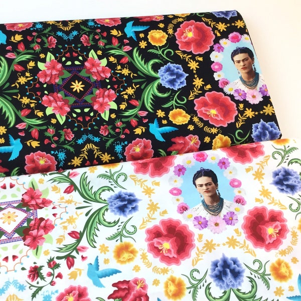 Frida Kahlo Floral with Frida Black or White Fabric ~ Frida Cahlo Collection for Robert Kaufman Fabrics, 100% Cotton